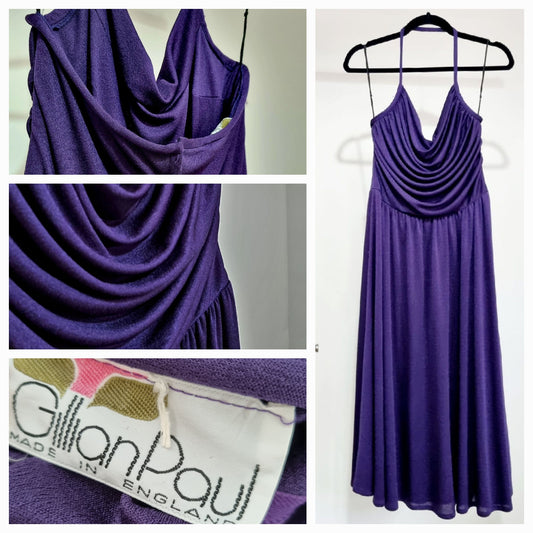 Gillian Paul Vintage Royal Purple Halter Cowl Neck Evening Dress (UK12-14)