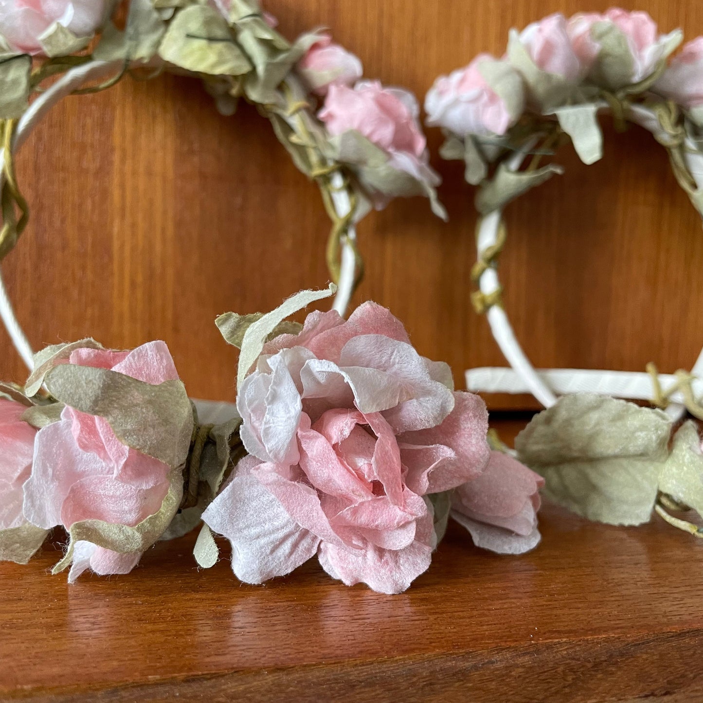 Four Vintage Pink Rose Bridesmaids Headbands Headpieces. Wired Faux Pink Roses with Green Foliage.
