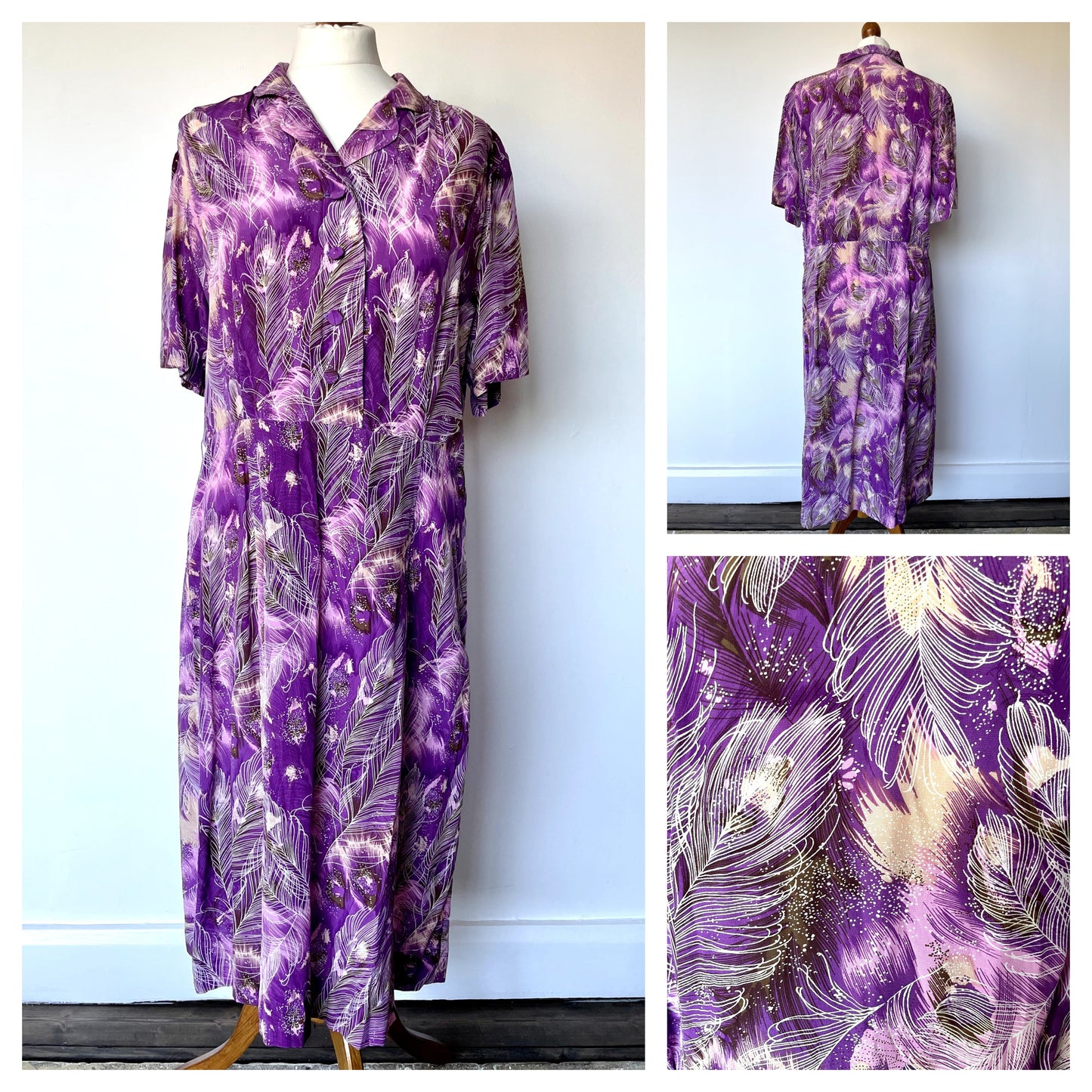 Vintage Purple Feather Patterned Handmade Short Sleeve Midi Dress