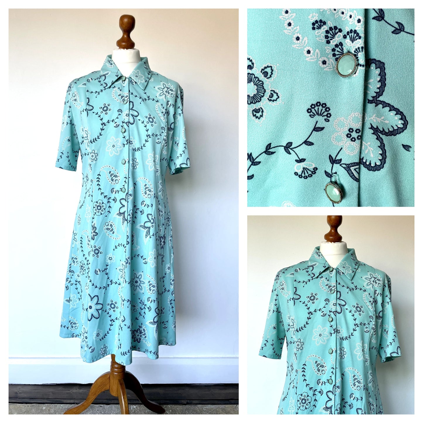 Vintage Handmade Turquoise Blue Paisley Short Sleeve Midi Shirt Dress