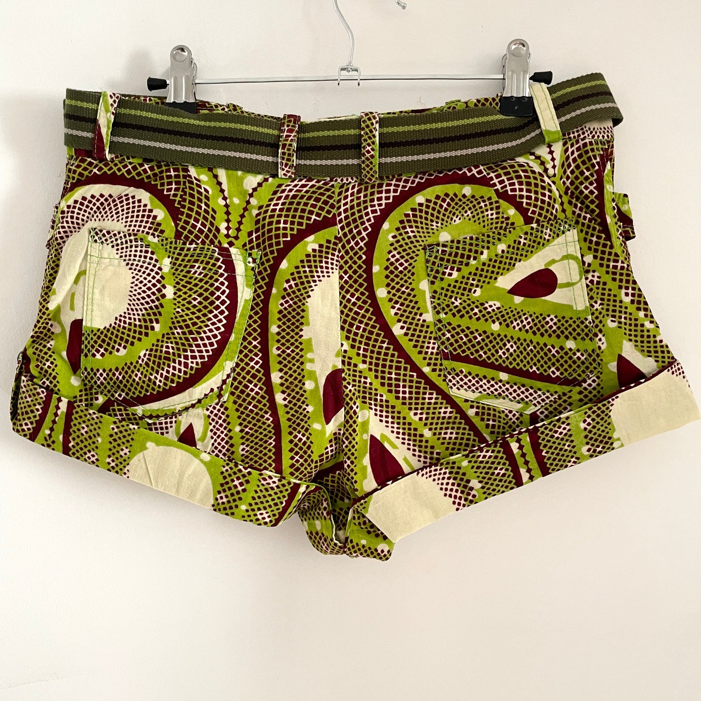 Vintage Green and Brown Abstract Pattern Hot Pants Short Short with Belt