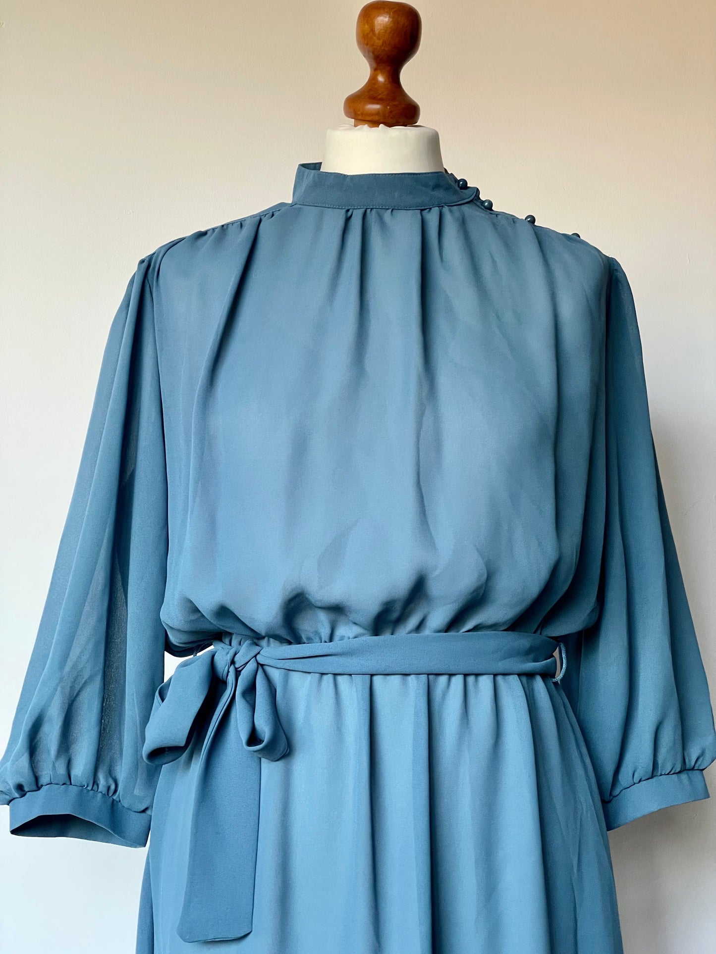 Vintage Richard Shops Blue High Neck Sheer Belted Long Sleeve Dress. Made in the UK