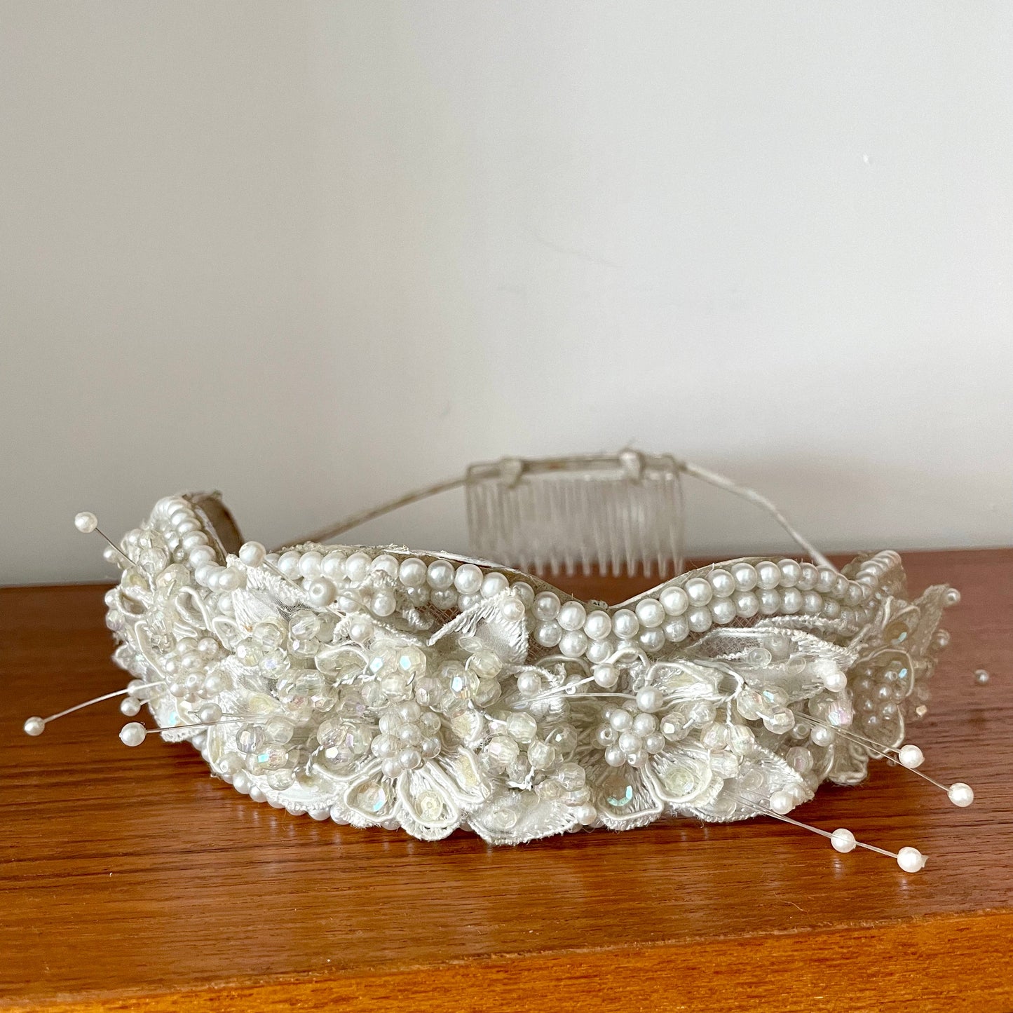 Vintage White Lace and Beaded Mesh Floral Bridal Tiara