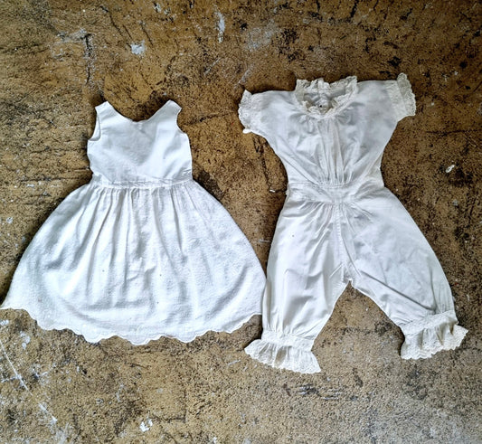 Vintage Antique Girl and Boy Twin Set in White Cotton Dress and Jumpsuit