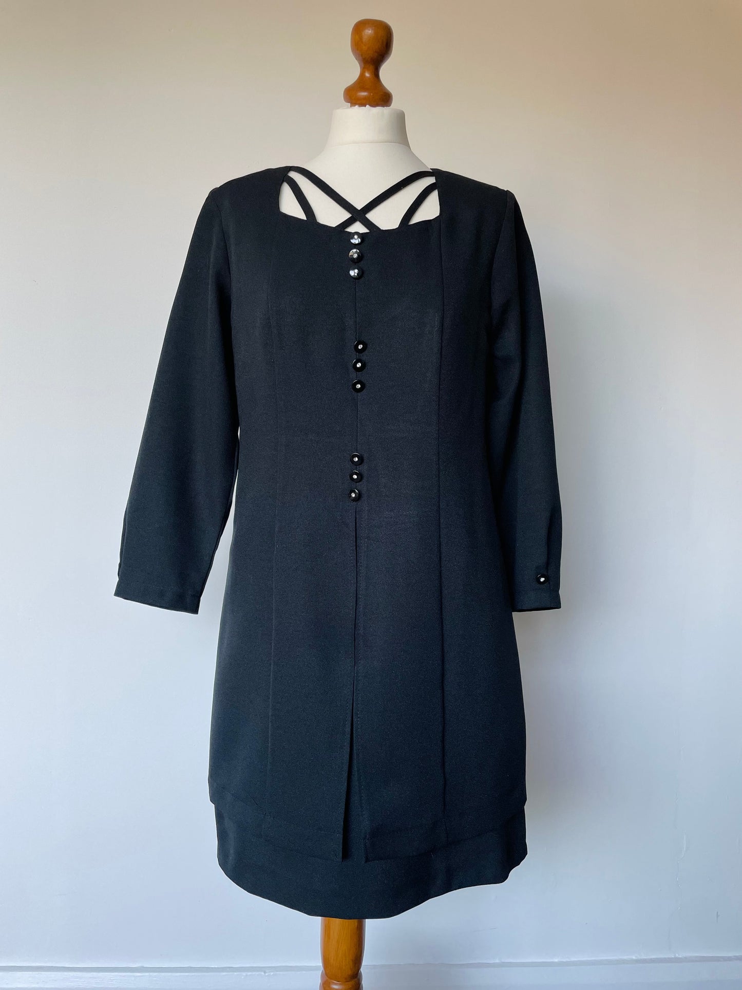 Vintage Little Black Long Sleeve Dress with Crossover Strap Detail and Diamante Buttons