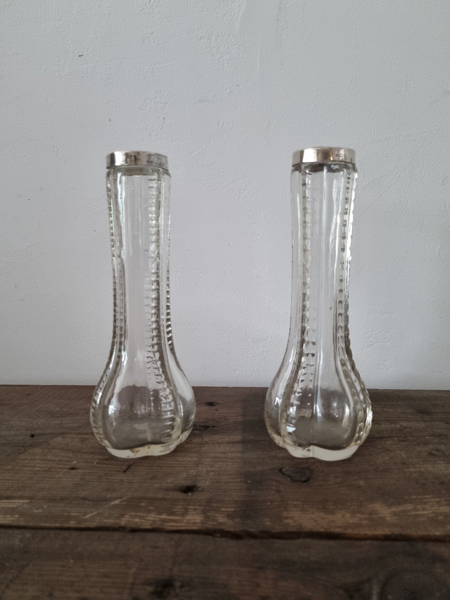 Two Silver Top Hallmarked Vintage Matching Glass Vases