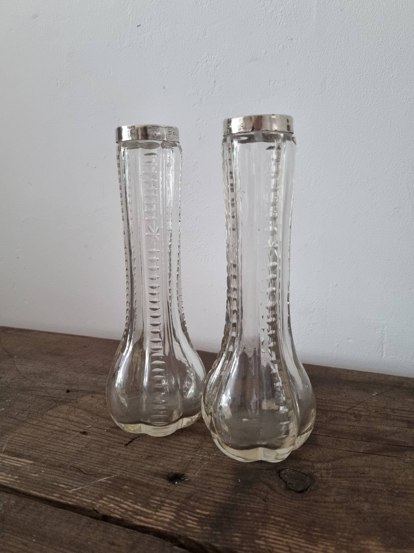 Two Silver Top Hallmarked Vintage Matching Glass Vases