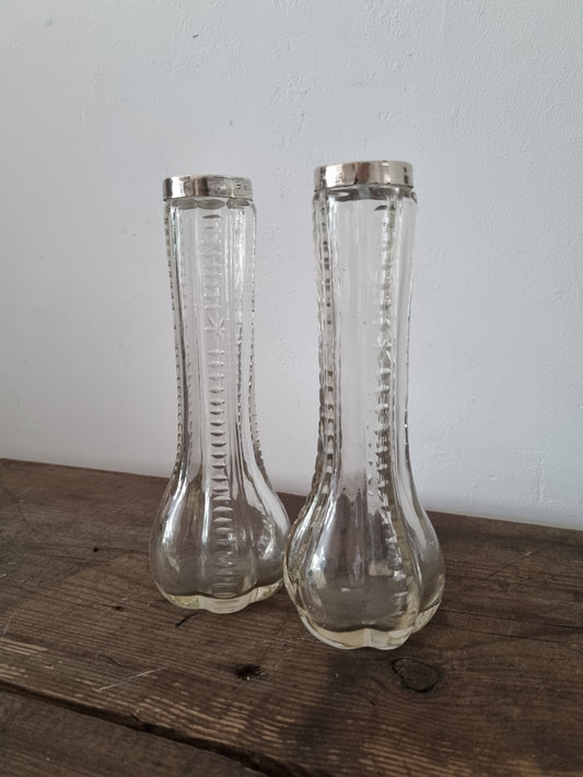 Two Silver Top Hallmarked Vintage Matching Glass Vases