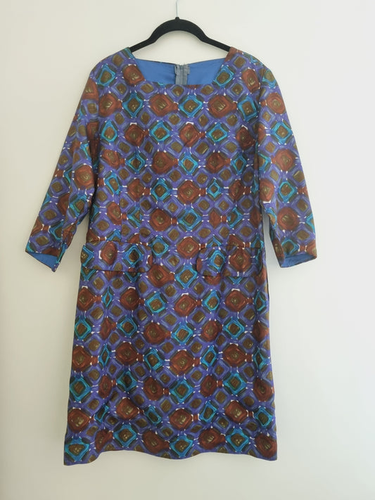 Vintage Blue, Purple & Brown Abstract Print Long Sleeve Shift Dress (UK16)