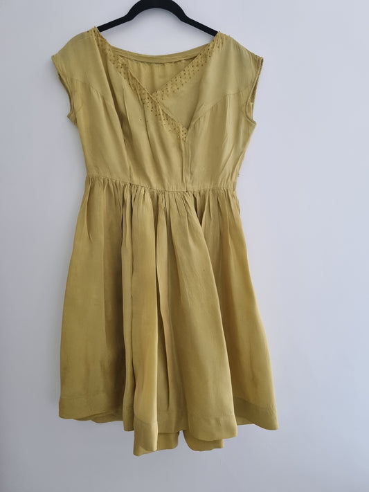 Vintage 1950s Beaded Mustard Yellow Short 50s Dress (UK10-12)