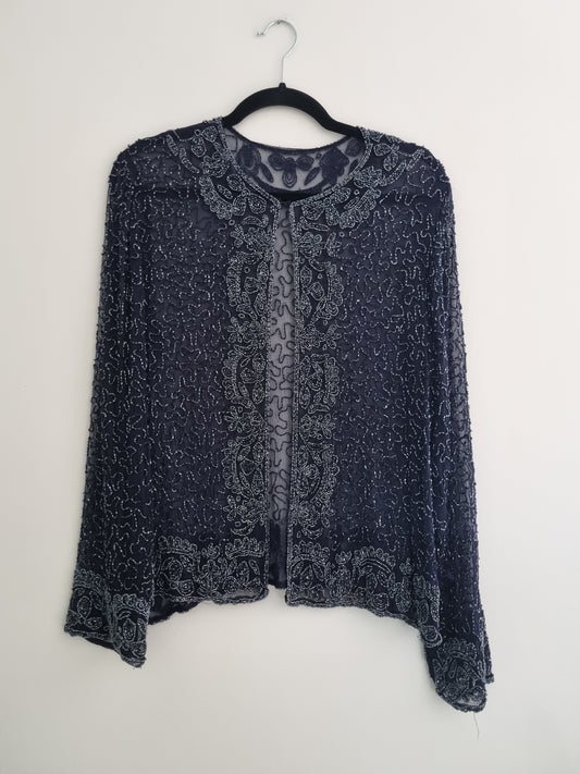 Beaded Vintage Navy Sheer Jacket (UK16-18)