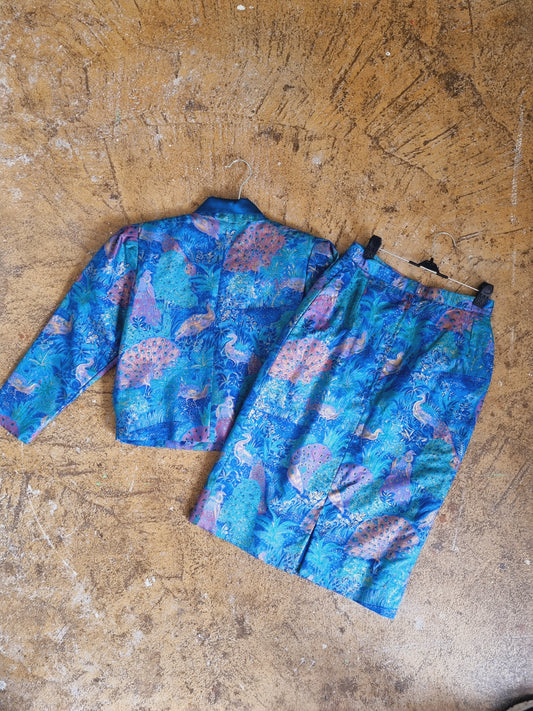 The Thai Room Vintage Blue Silk Peacock Pattern Suit (S-M)