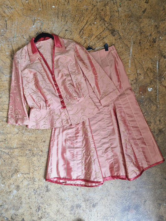 Vintage Pink & Burgundy Swirl Skirt Suit UK1214 for Elegant Styling
