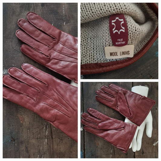 Vintage Brown Leather Gloves with Knitted Wool Lining Size 7