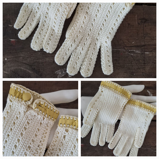 Vintage Cream Crochet Gloves with Leather Trim Size 6.5