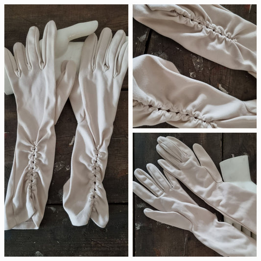 Vintage Taupe Ruched Evening Gloves Size 6 for Elegant Occasions