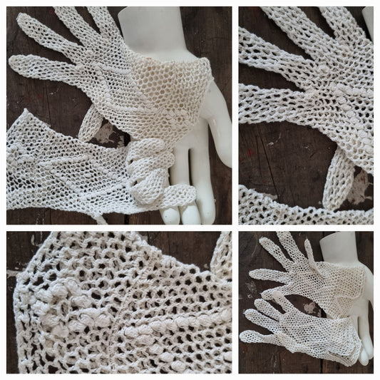 Vintage OffWhite Short Handmade Crochet Bridal Gloves Size 6