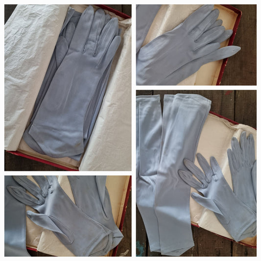 Vintage American Boxed Powder Blue Evening Gloves by Becker's Size 6