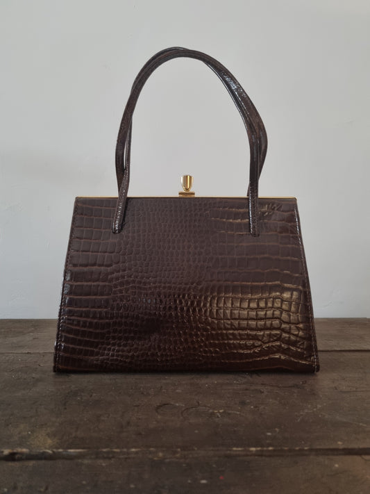 Top Handle Vintage MockCroc Patent Brown Leather Kelly Bag