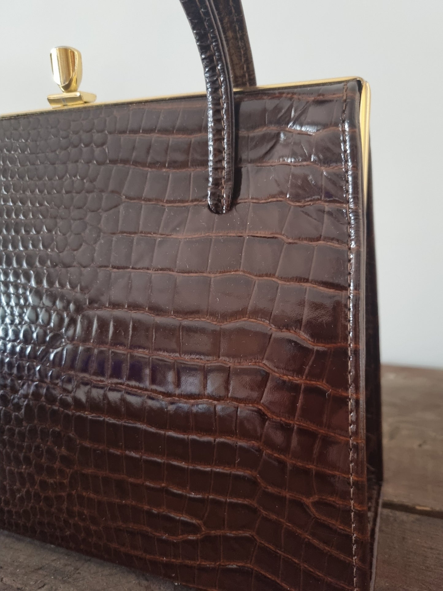 Top Handle Vintage MockCroc Patent Brown Leather Kelly Bag