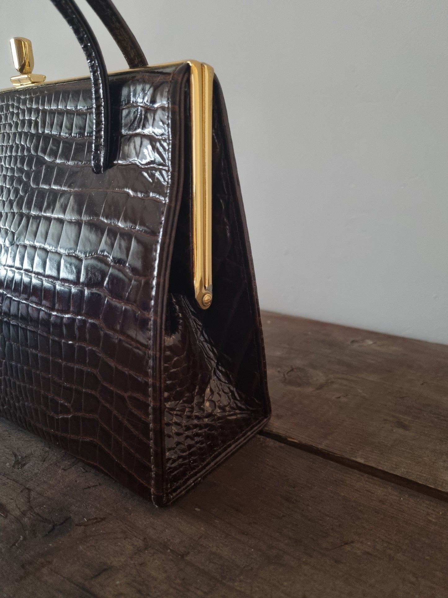 Top Handle Vintage MockCroc Patent Brown Leather Kelly Bag