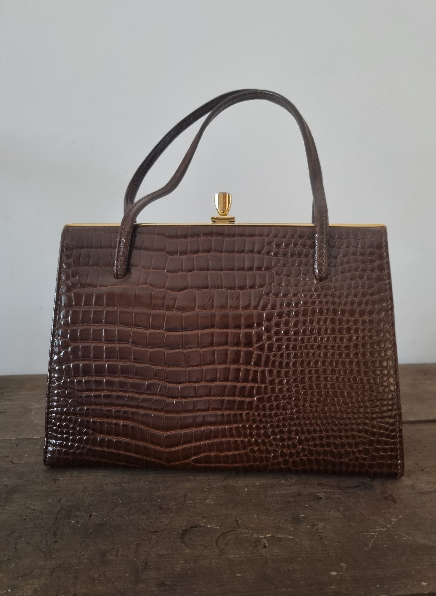 Top Handle Vintage MockCroc Patent Brown Leather Kelly Bag