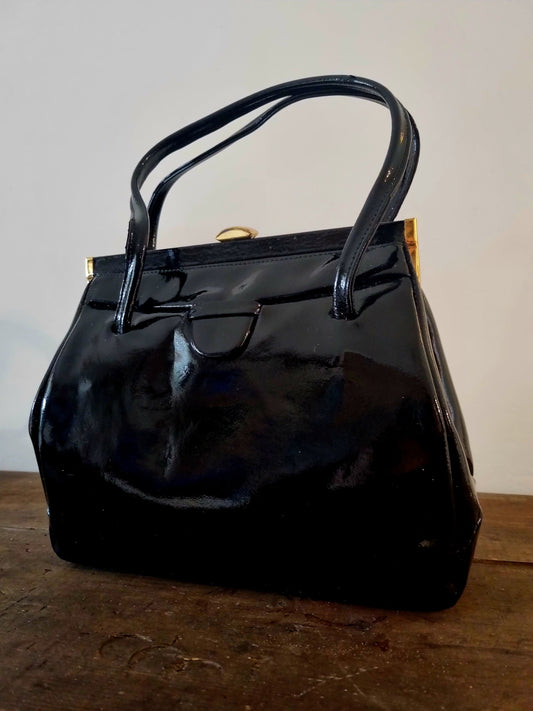 Top Handle Vintage Styled by Mansons Patent Black Handbag. Flawless British Kelly Bag