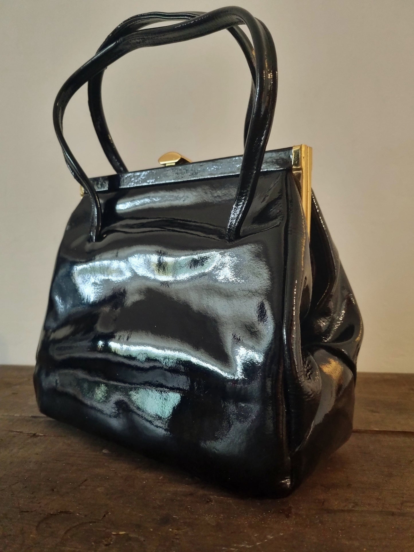 Top Handle Vintage Styled by Mansons Patent Black Handbag. Flawless British Kelly Bag