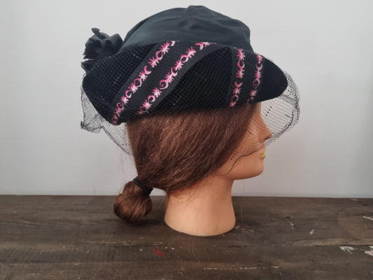 Vintage Black Silk and Cotton Hat with Net and Pink Florals