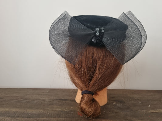Vintage Millinery Hand Trimmed Black Velvet Bow Fascinator Hat