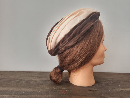 Vintage Brown & Beige Striped Velvet Turban Hat for Elegant Style