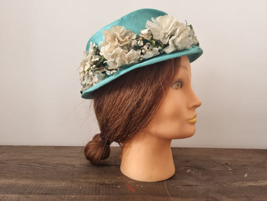Vintage Bright Blue Hat with White Flowers for Garden Parties