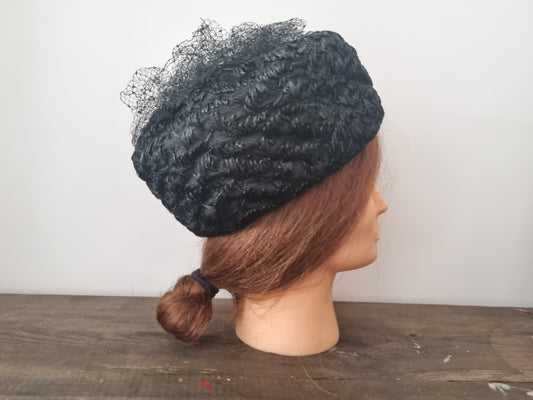 Vintage Jacoll Black Textured Net Hat for Elegant Occasions