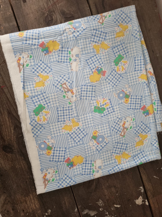 Vintage Children's Baby Nursery Fabric Remnant in Farmyard Blue Gingham (1.58x1.40m)