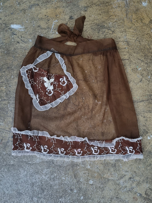 Vintage Brown Sheer Half Apron with White Frills