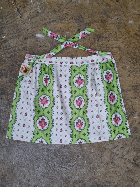 Vintage A Beech Tree Garment Green and White Half Apron with Pink Flowers