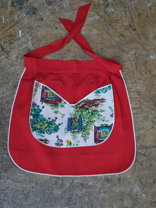 Vintage Red Half Apron with White Window Pattern Fabric Pocket