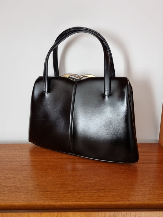 Vintage Black Structured Kelly Leather Handbag