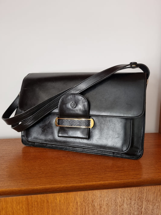 Vintage Adjustable Black Leather Shoulder Side Handbag. Vintage 1950s Top Handle Flawless British Kelly Bag