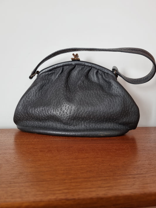 Vintage Grey Freedex 1940s Leather Kelly Handbag. Made in England.