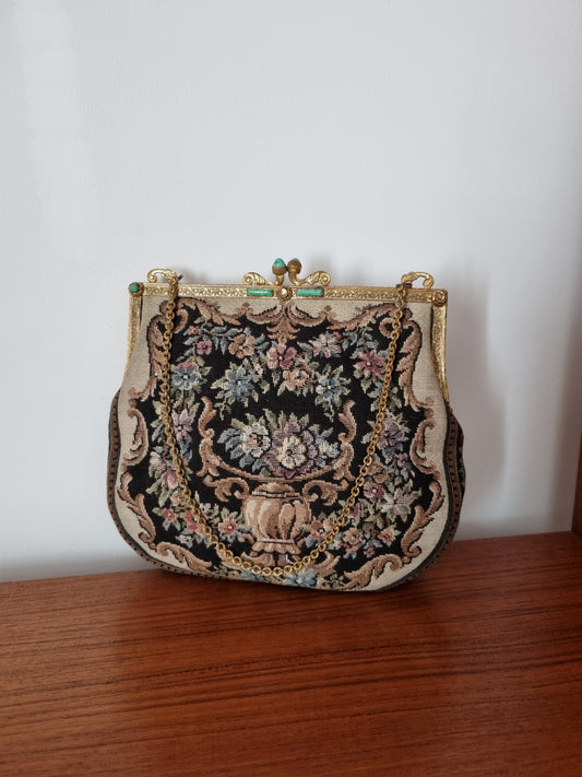 Vintage Top Handle Petit Needle Point Tapestry Handbag