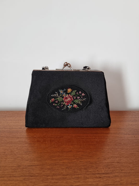 Vintage Black Embroidered Top Handle Handbag