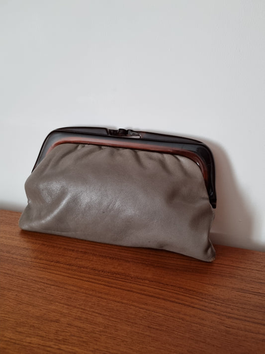 Vintage Grey Leather Clutch Makeup Bag with Vintage Plastic Clasp