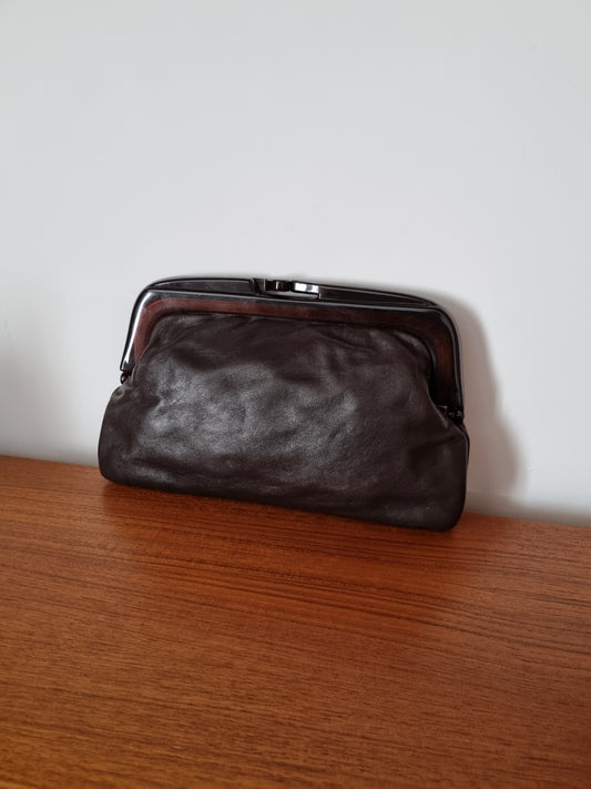 Vintage Brown Leather Italian Clutch Makeup Bag with Vintage Plastic Clasp