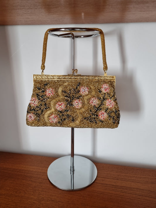 Vintage Antique Gold, Pink and Black Floral Top Handle Beaded Handbag