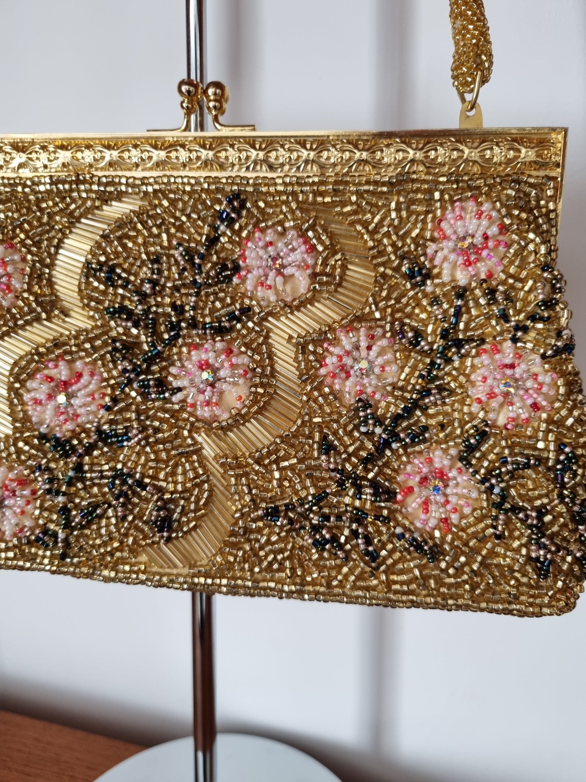 Vintage Antique Gold, Pink and Black Floral Top Handle Beaded Handbag