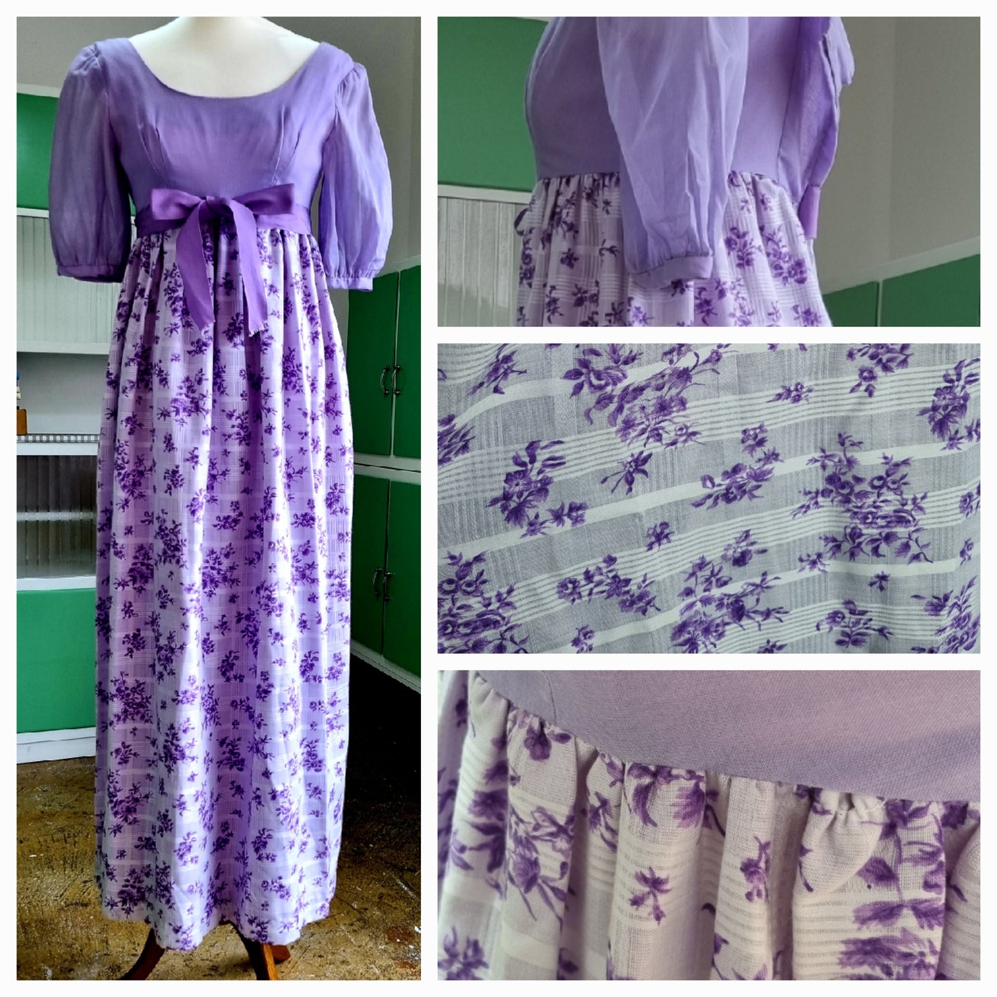 Hilda Hawaii Purple Floral Prairie Vintage Dress with Ditsy Flowers and Bow Detail (UK10-12)