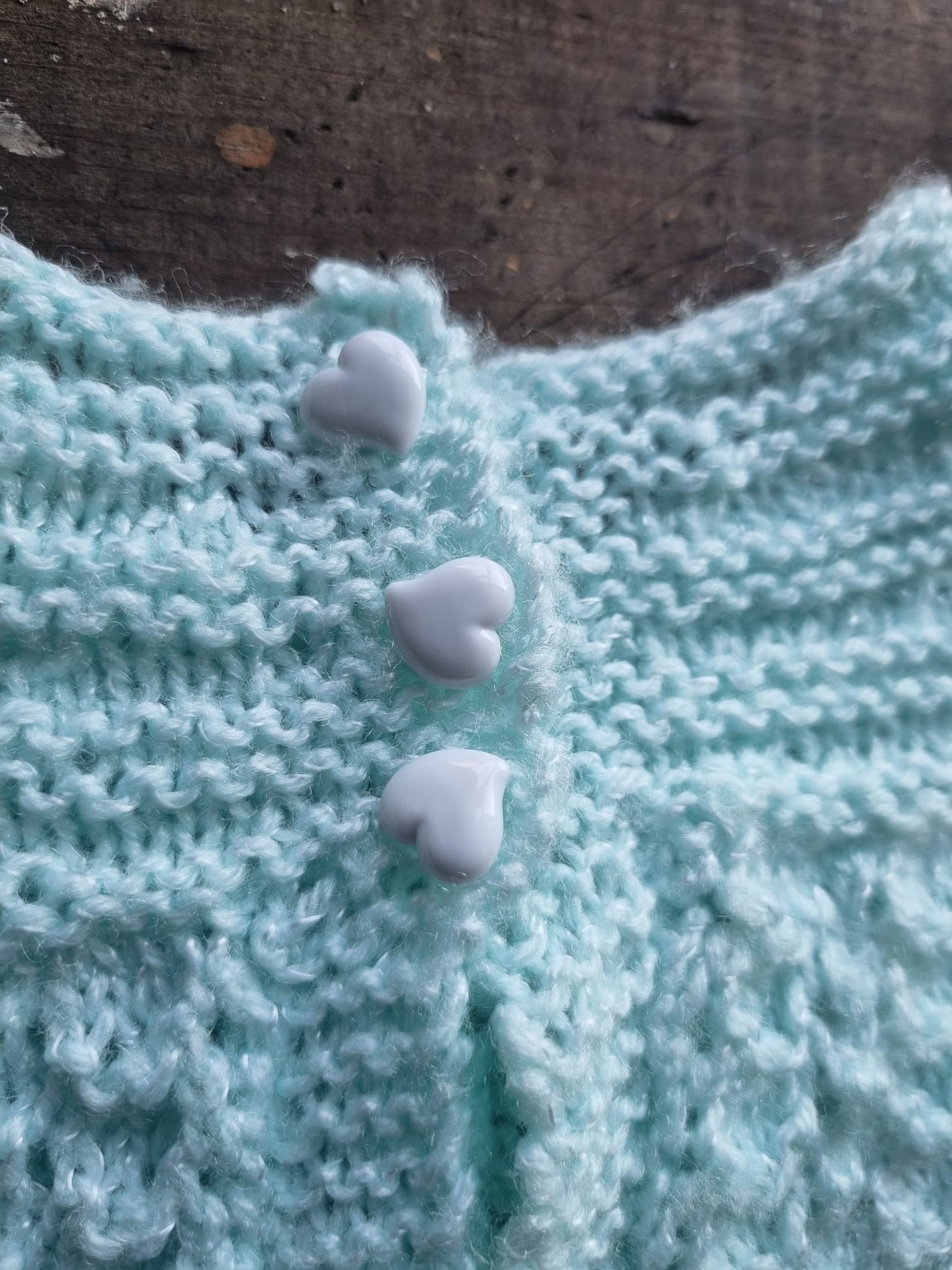 Vintage Light Blue Hand Crocheted Children's Cardigan with White Heart Buttons