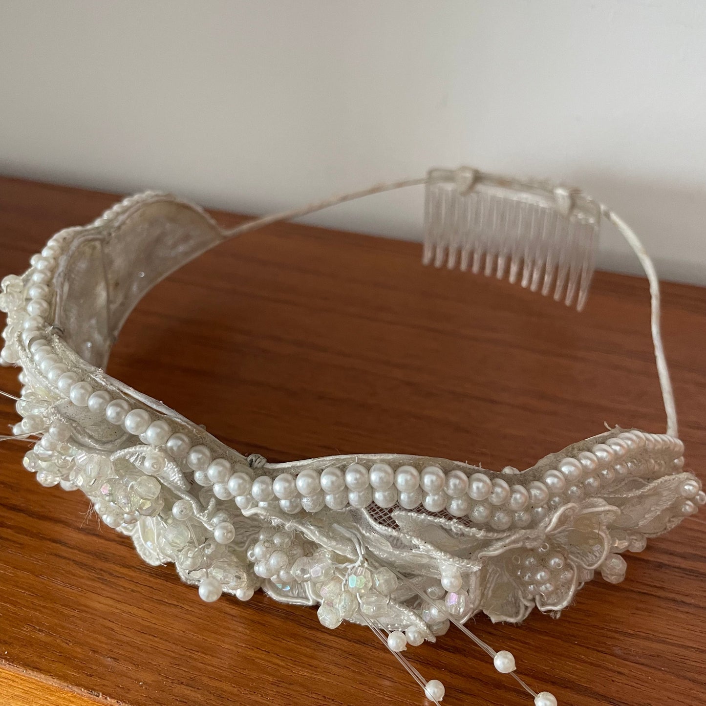 Vintage White Lace and Beaded Mesh Floral Bridal Tiara