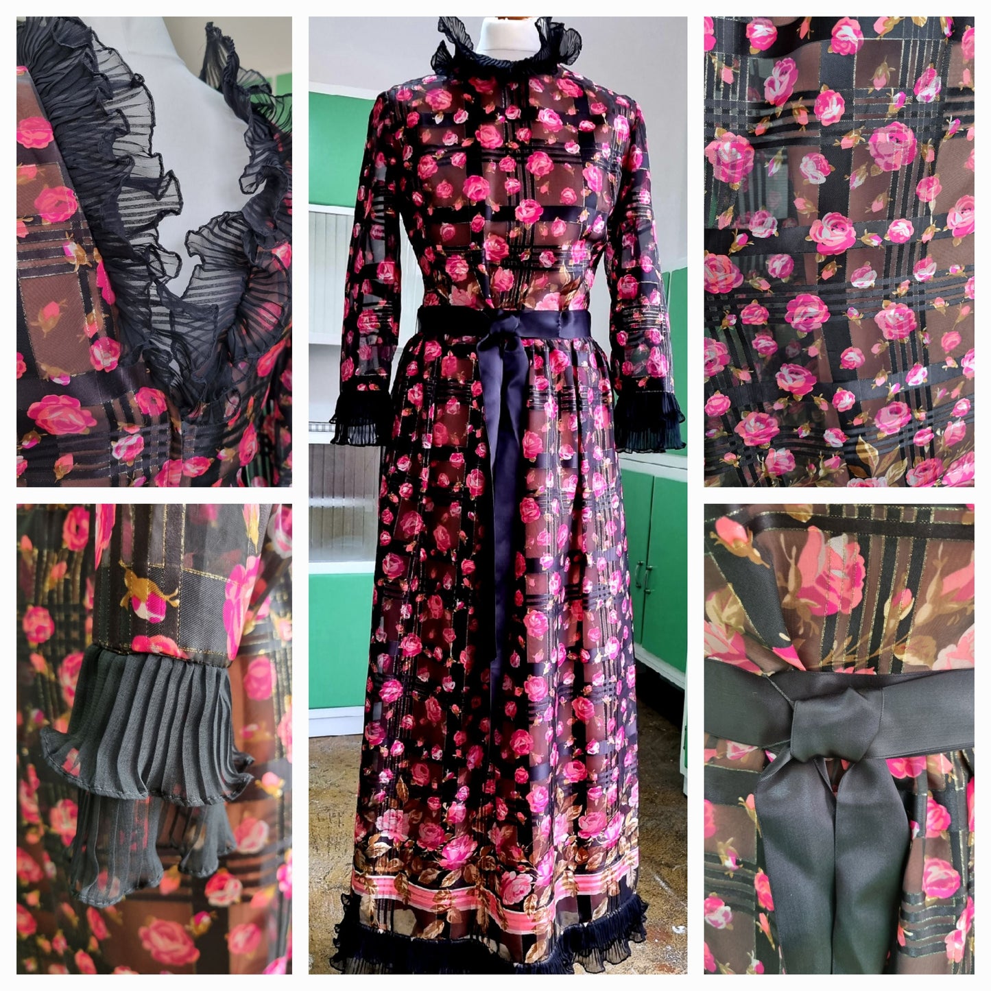 80s Pink and Black Marcel Fenez by Roland Klein Vintage Maxi Dress (UK12-16)